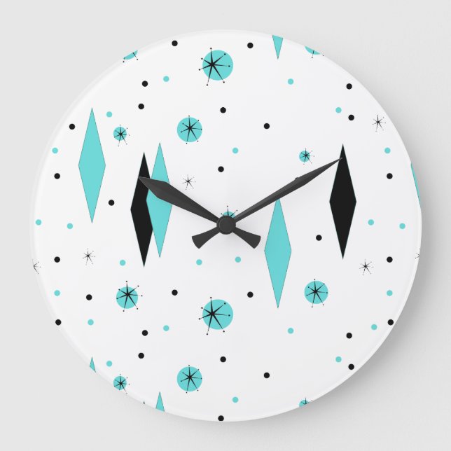 Retro Turquoise Diamonds & Starbursts Wall Clock (Front)