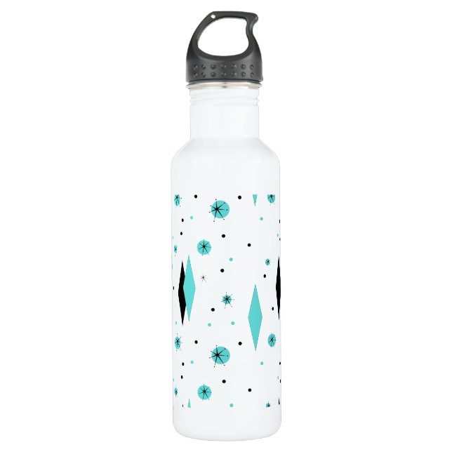 Retro Turquoise Diamonds & Starbursts Water Bottle (Front)