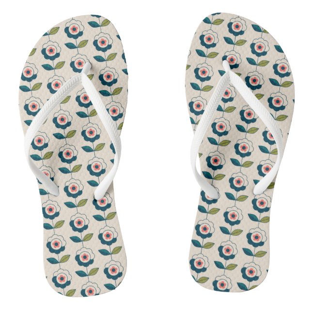 Retro Turquoise Floral Pattern Flip Flops (Footbed)