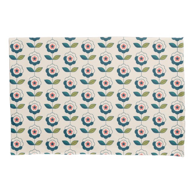 Retro Turquoise Floral Pattern Pillowcase (Front-Left)
