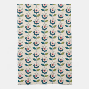 Retro Turquoise Floral Pattern Tea Towel