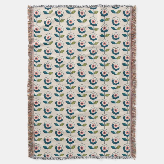 Retro Turquoise Floral Pattern Throw Blanket (Front Vertical)