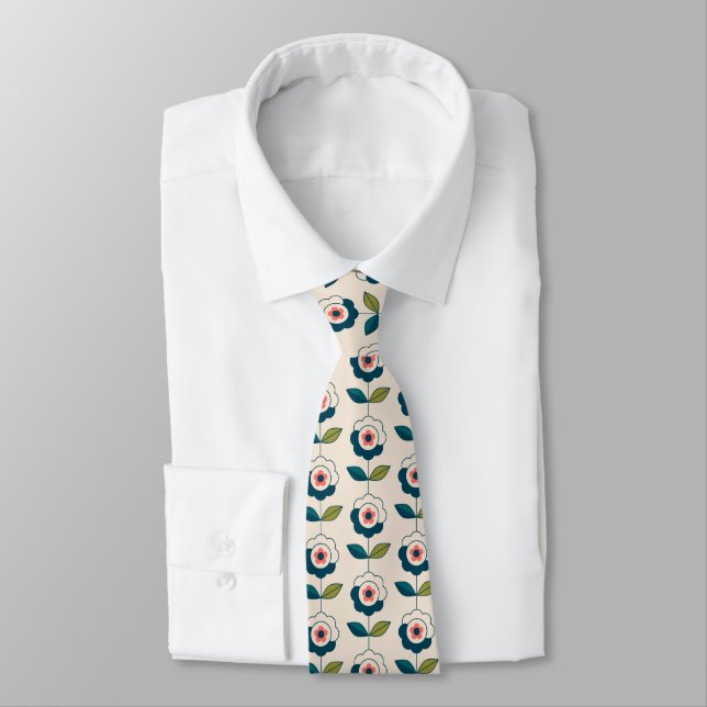 Retro Turquoise Floral Pattern Tie (Tied)