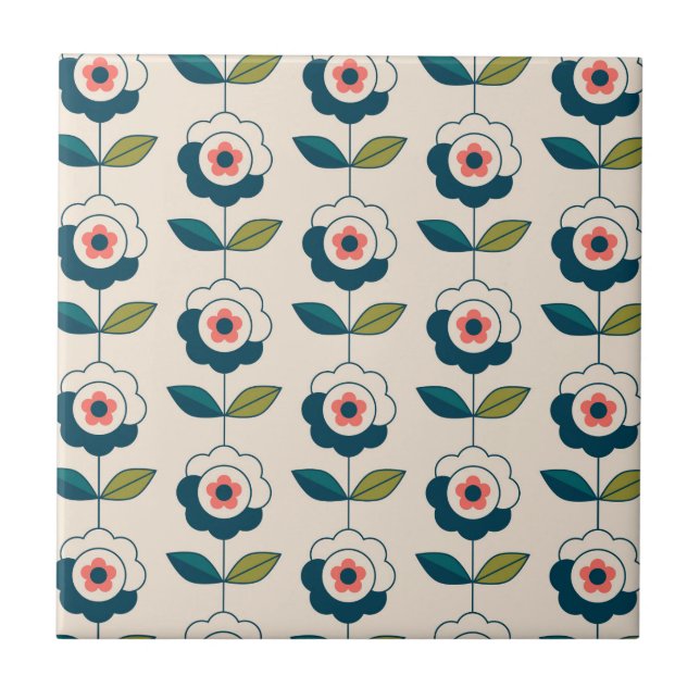 Retro Turquoise Floral Pattern Tile (Front)