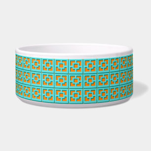 Retro Turquoise &  Orange Trellis Ceramic Pet Bowl