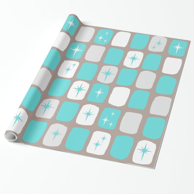 Retro Turquoise Starbursts Wrapping Paper (Unrolled)
