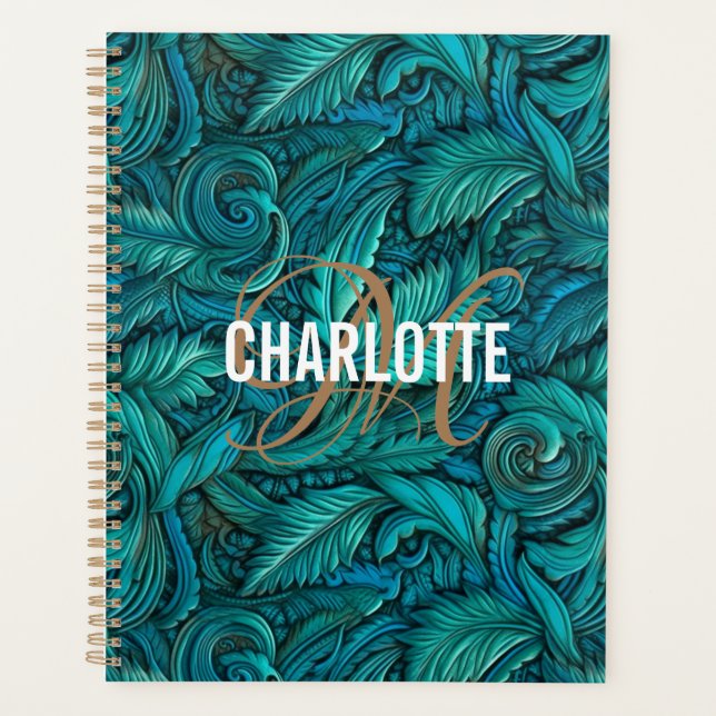 Retro turquoise tooled leather monogram name planner (Front)