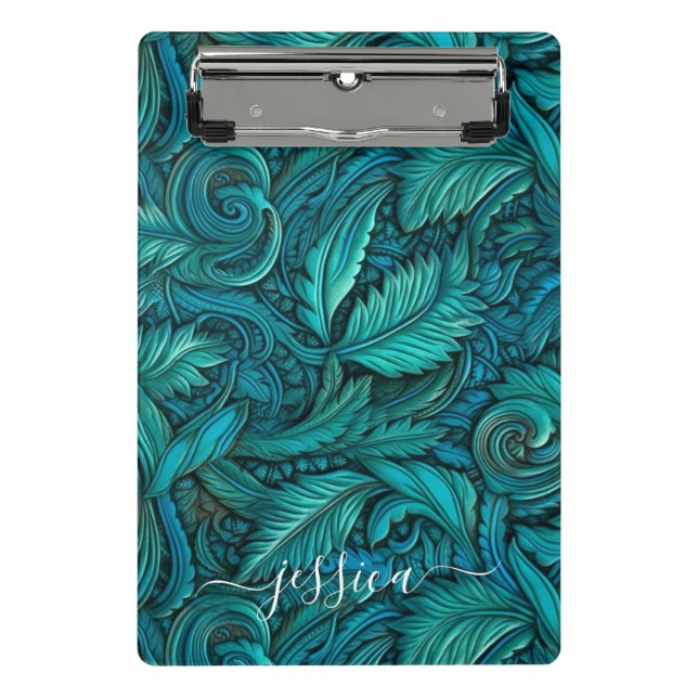 Retro turquoise tooled leather script name  mini clipboard (Front)