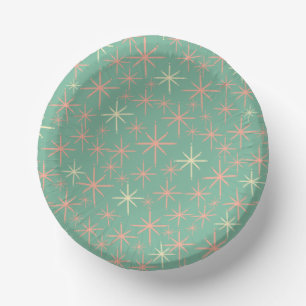 Retro Twinkling Stars Midcentury Pattern Teal Pink Paper Plate