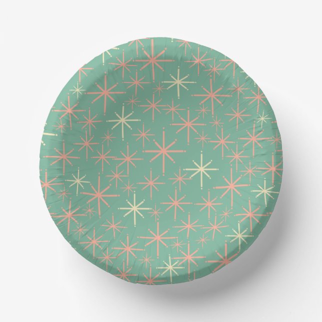 Retro Twinkling Stars Midcentury Pattern Teal Pink Paper Plate (Front)