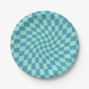 Retro Twist Blue Checks Warped Checkerboard Paper Plate