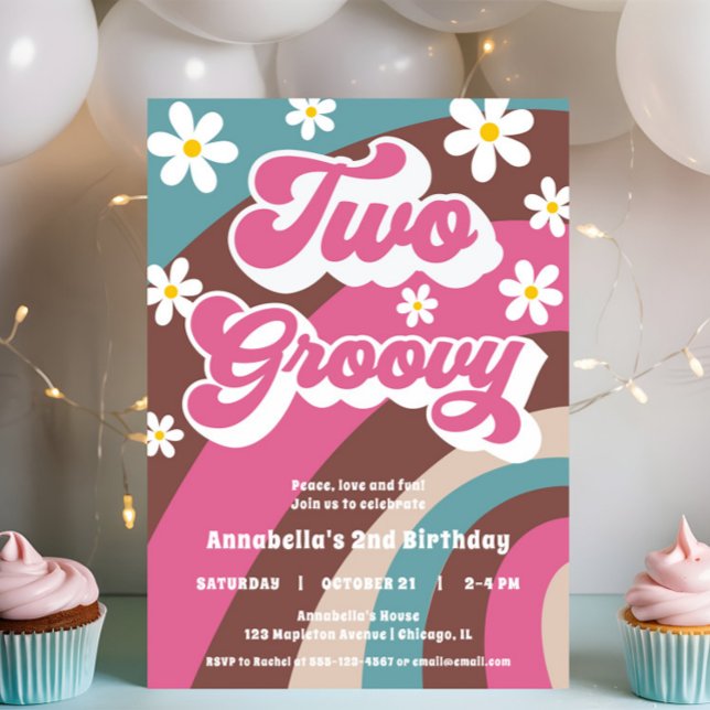 Retro TWO groovy 2nd birthday girl pink teal Invitation (Creator Uploaded)