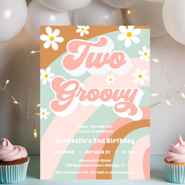 Retro TWO groovy 2nd birthday pastels daisy girl Invitation (Creator Uploaded)