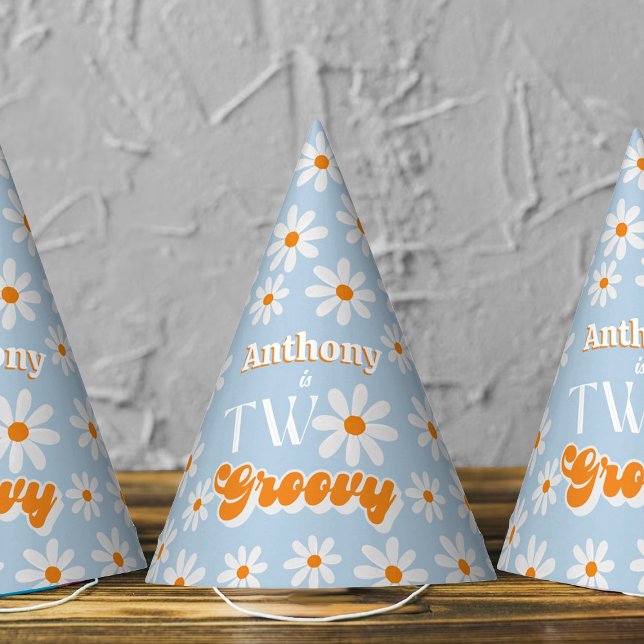 Retro Two Groovy Boys 2nd Birthday Party Hat (Creator Uploaded)
