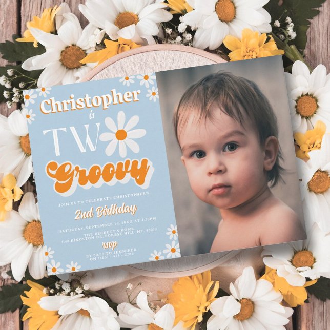 Retro Two Groovy Boys 2nd Birthday Photo Invitation (Creator Uploaded)
