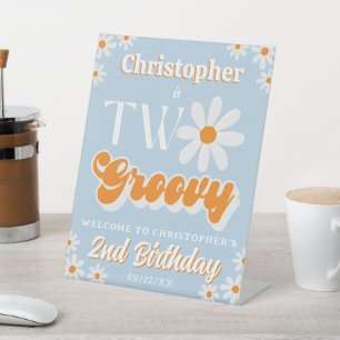 Retro Two Groovy Boys 2nd Birthday Welcome Pedestal Sign