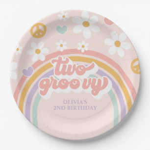 Retro Two Groovy Girl Rainbow 2nd Birthday Paper Plate