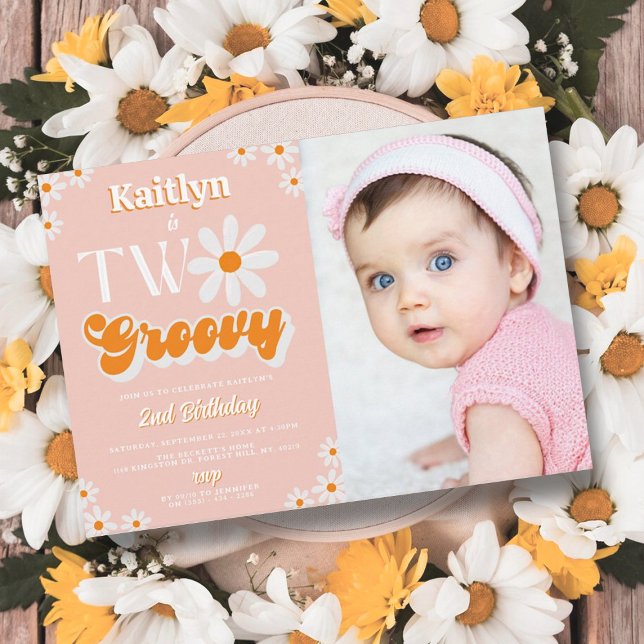 Retro Two Groovy Girls 2nd Birthday Photo Invitation (Creator Uploaded)