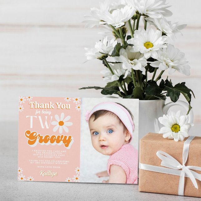 Retro Two Groovy Girls 2nd Birthday Photo Thank You Card (Creator Uploaded)