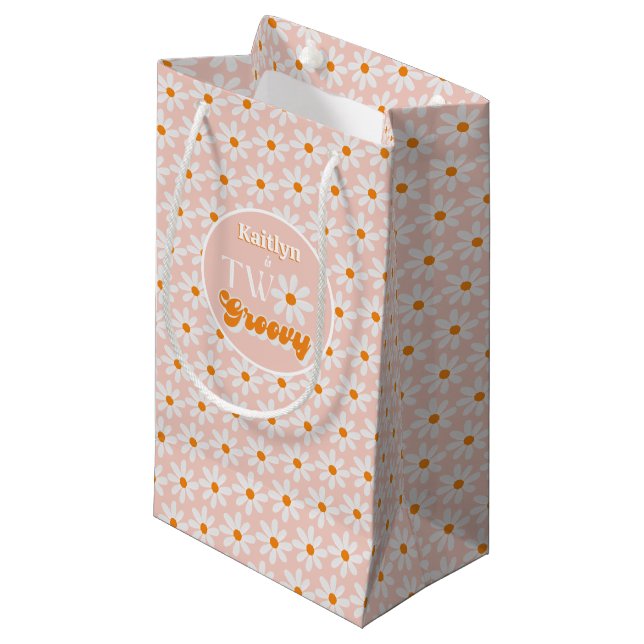 Retro Two Groovy Girls 2nd Birthday Small Gift Bag (Front Angled)