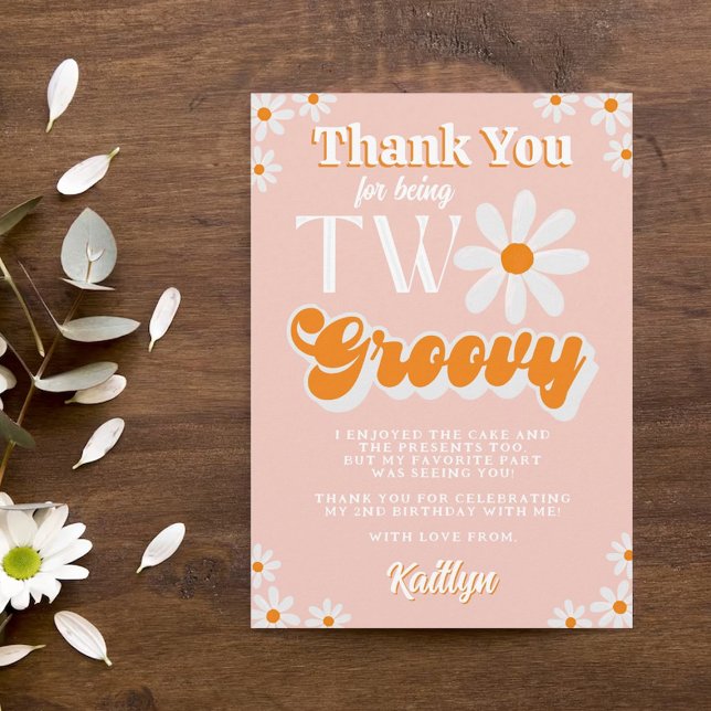 Retro Two Groovy Girls 2nd Birthday Thank You Card (Creator Uploaded)