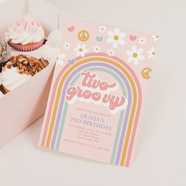 Retro Two Groovy Rainbow 2nd Birthday Invitation (Creator Uploaded)