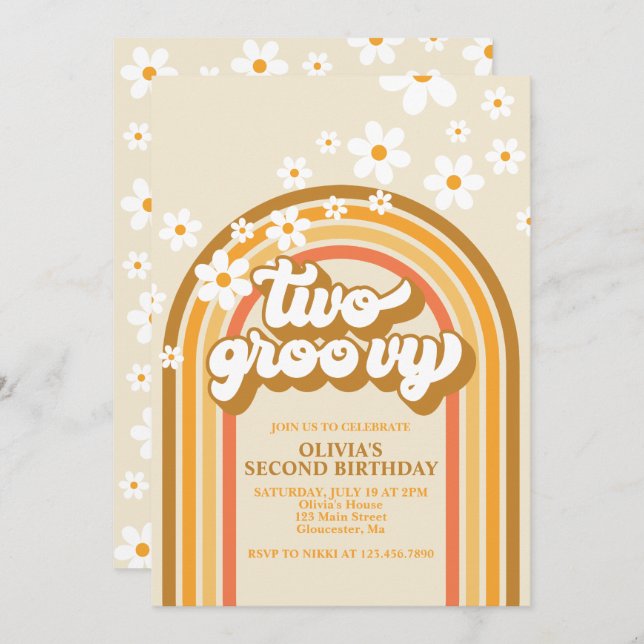 Retro Two GroovY Rainbow Brown Orange Birthday Invitation (Front/Back)