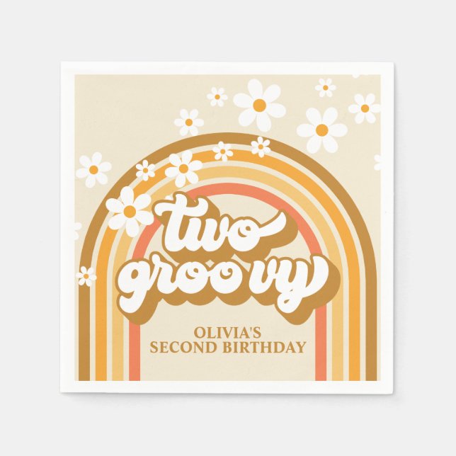 Retro Two GroovY Rainbow Brown Orange Birthday Napkin (Front)