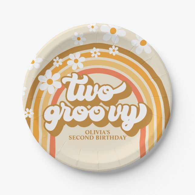 Retro Two GroovY Rainbow Brown Orange Birthday Paper Plate (Front)