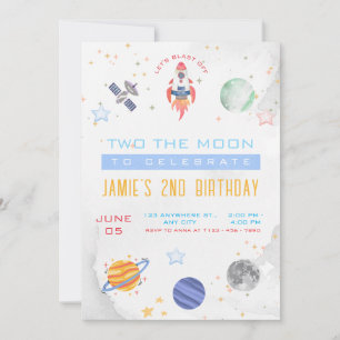 Retro Two The Moon Outer Space Birthday Party Invitation