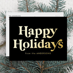 Retro Type Happy Holidays Non-Photo Black and Gold Foil Holiday Postcard
