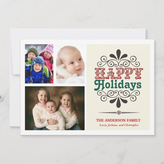 Retro Type Holiday 3-Photo Collage Flat Card (Front)