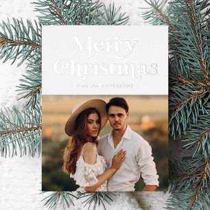 Retro Type Merry Christmas Photo Silver Foil Holiday Postcard