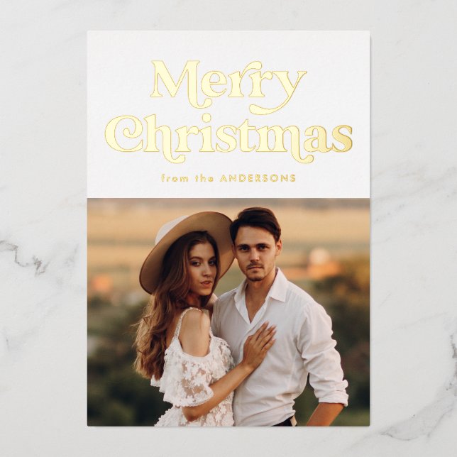 Retro Type Photo Gold Foil Holiday Card (Front)