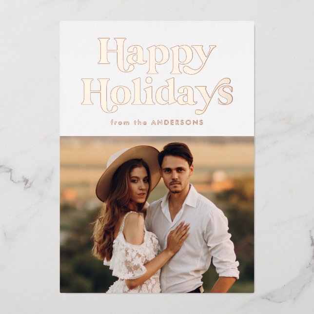 Retro Type Photo Rose Gold Foil Holiday Card (Front)