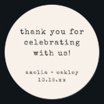 Retro Typewriter Ivory Custom Wedding Thank You Classic Round Sticker<br><div class="desc">This wedding thank you sticker features a soft ivory background with typewriter-style typography for a clean, modern look. The round format is ideal for sealing envelopes, favor bags, boxes, or wrapping paper. Names and date can be personalized to match your wedding details. A simple, timeless finishing touch for modern celebrations....</div>