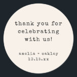 Retro Typewriter Ivory Custom Wedding Thank You Classic Round Sticker<br><div class="desc">This wedding thank you sticker features a soft ivory background with typewriter-style typography for a clean, modern look. The round format is ideal for sealing envelopes, favor bags, boxes, or wrapping paper. Names and date can be personalized to match your wedding details. A simple, timeless finishing touch for modern celebrations....</div>