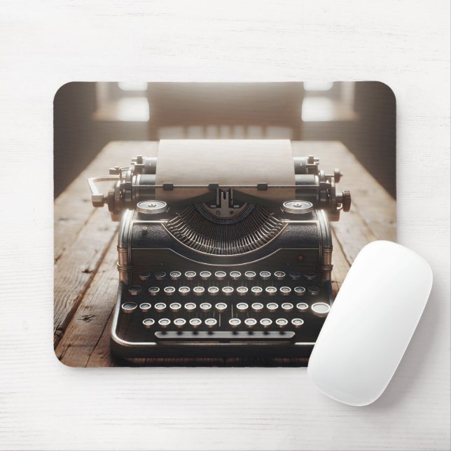 Retro Typewriter On Wood Desk Mouse Mat (With Mouse)