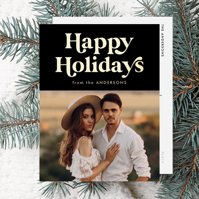 Retro Typography Black Happy Holidays Photo Foil Holiday Postcard (Creator Uploaded)