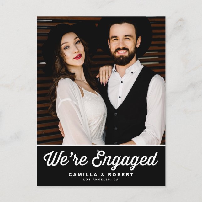 Retro Typography Black Photo Engagement Announcement Postcard (Front)