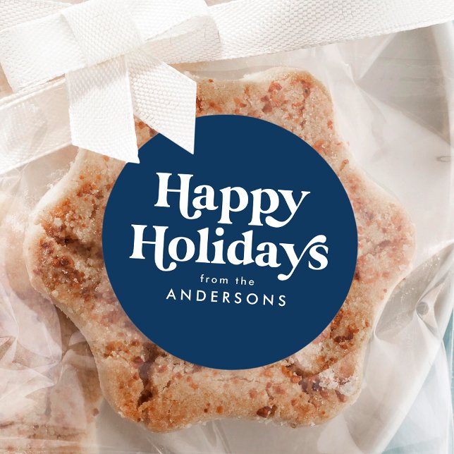 Retro Typography Blue Happy Holidays Classic Round Sticker (Creator Uploaded)