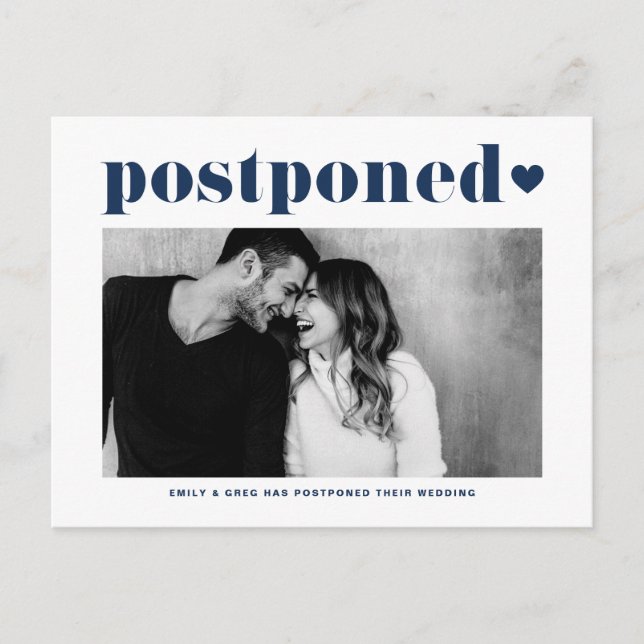 Retro Typography Blue Photo Wedding Postponement Announcement Postcard (Front)