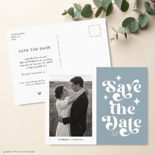 Retro Typography Blue Wedding Save The Date Postcard