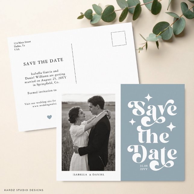 Retro Typography Blue Wedding Save The Date Postcard (The front and back of the postcard are shown.)