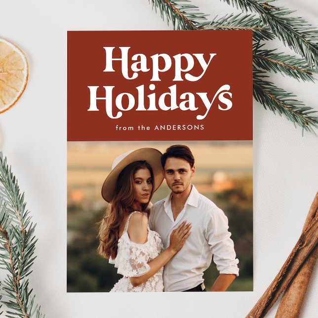 Retro Typography Brown Happy Holidays Photo Holiday Card (Creator Uploaded)