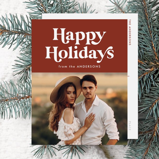 Retro Typography Brown Happy Holidays Photo Holiday Postcard (Creator Uploaded)