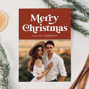 Retro Typography Brown Merry Christmas Photo Holiday Card