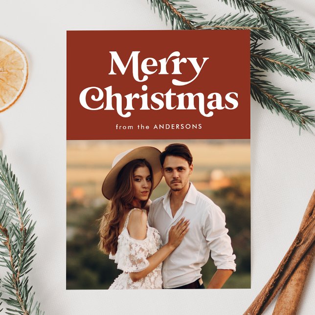 Retro Typography Brown Merry Christmas Photo Holiday Card (Creator Uploaded)