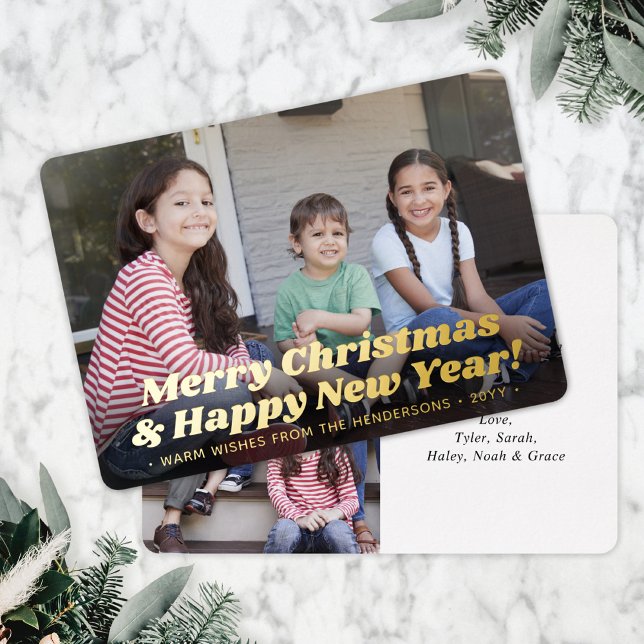 Retro Typography Christmas & New Years 2 Photo Foil Holiday Card (Creator Uploaded)