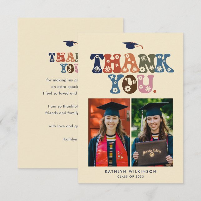 Retro Typography Colourful Trendy Photo Graduation Thank You Card (Front/Back)
